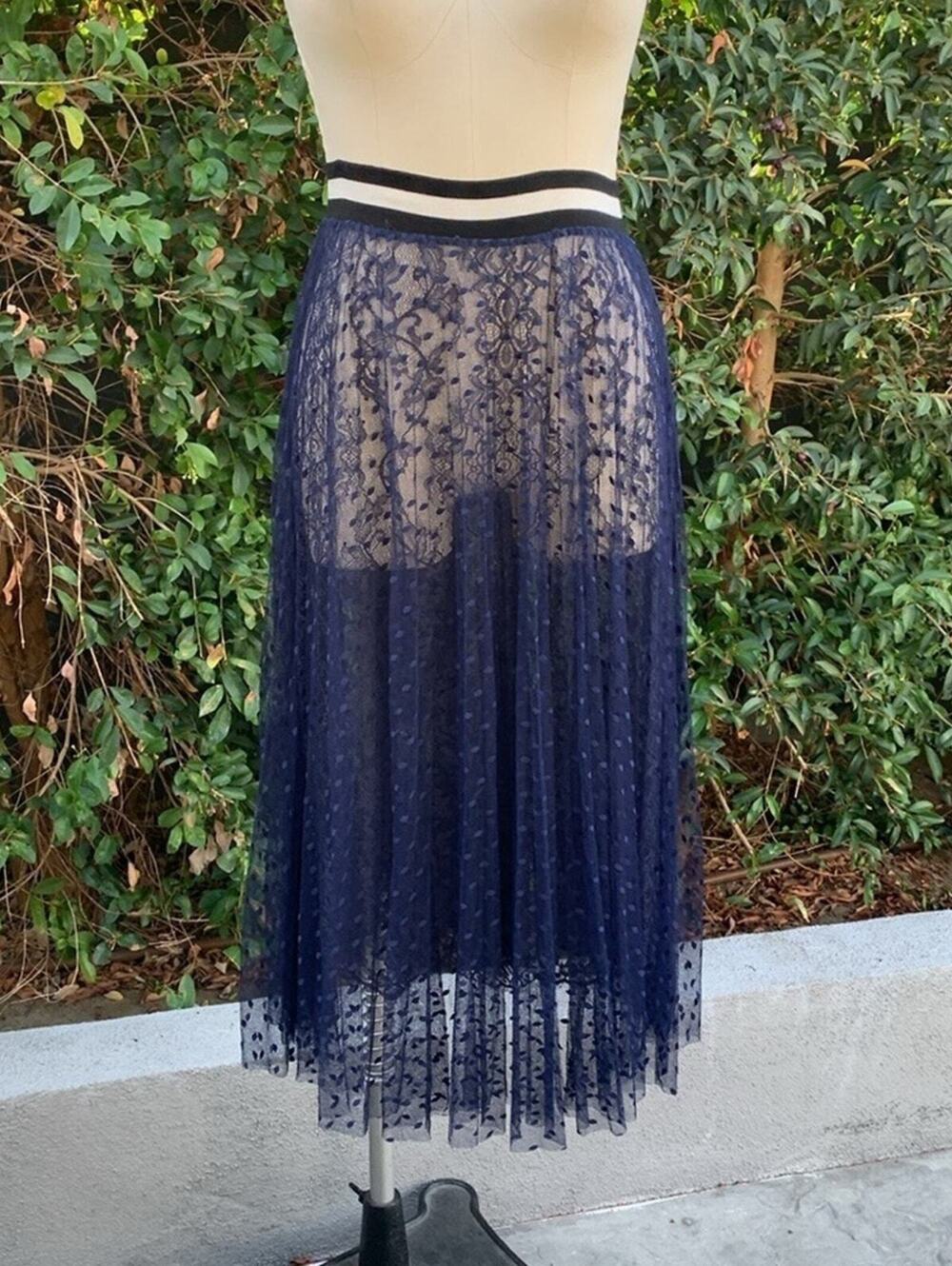 Lloyd/Ford 2-Layer A-Line Lace & Polka Dot Mesh Midi Skirt Navy Blue Size 2 USA
